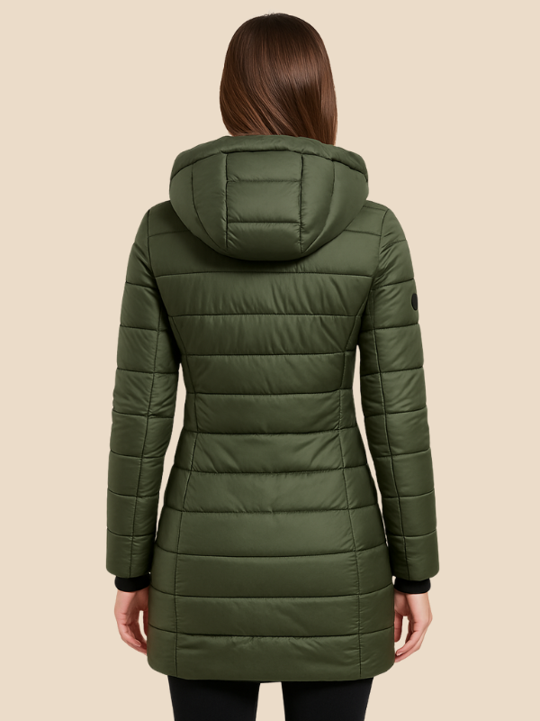 Mid-Length Hooded Puffer Jacket with Fitted Silhouette and Zip Closure