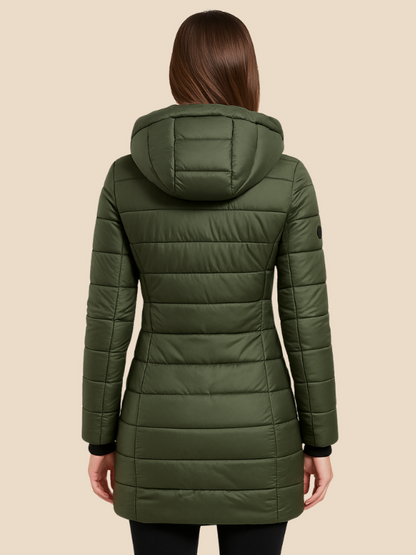Mid-Length Hooded Puffer Jacket with Fitted Silhouette and Zip Closure