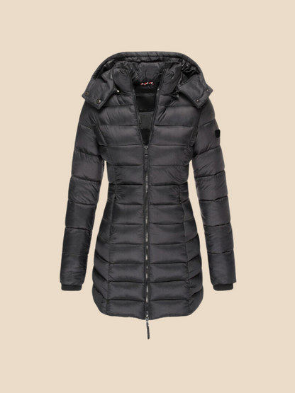 Mid-Length Hooded Puffer Jacket with Fitted Silhouette and Zip Closure