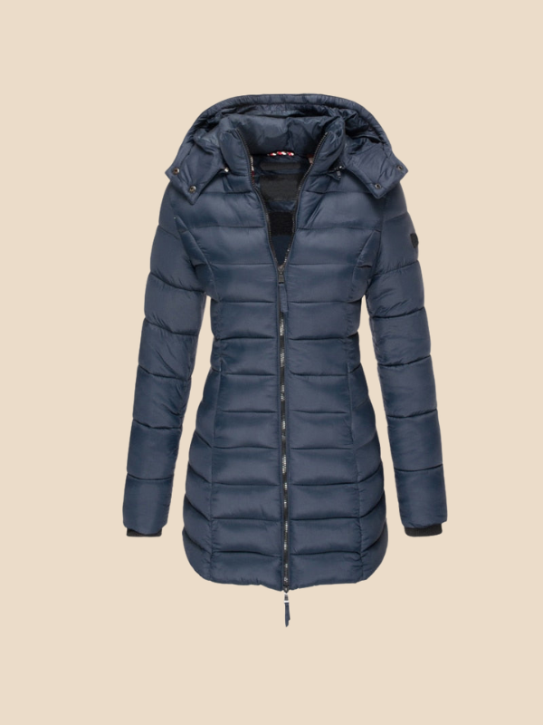 Mid-Length Hooded Puffer Jacket with Fitted Silhouette and Zip Closure
