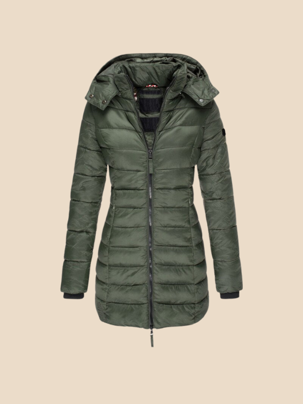 Mid-Length Hooded Puffer Jacket with Fitted Silhouette and Zip Closure