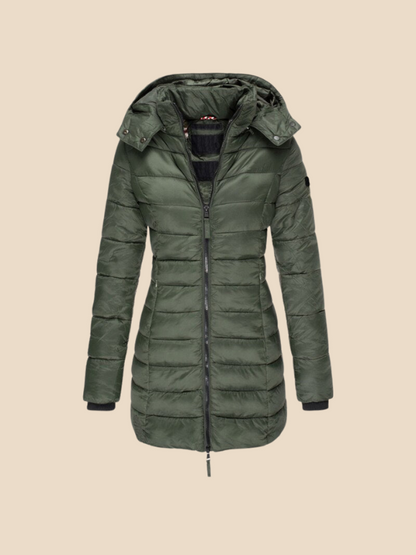 Mid-Length Hooded Puffer Jacket with Fitted Silhouette and Zip Closure