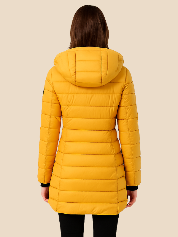 Mid-Length Hooded Puffer Jacket with Fitted Silhouette and Zip Closure