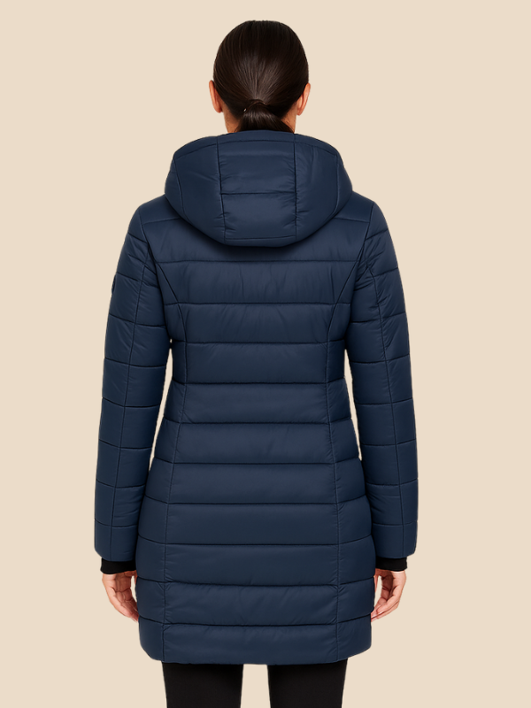 Mid-Length Hooded Puffer Jacket with Fitted Silhouette and Zip Closure