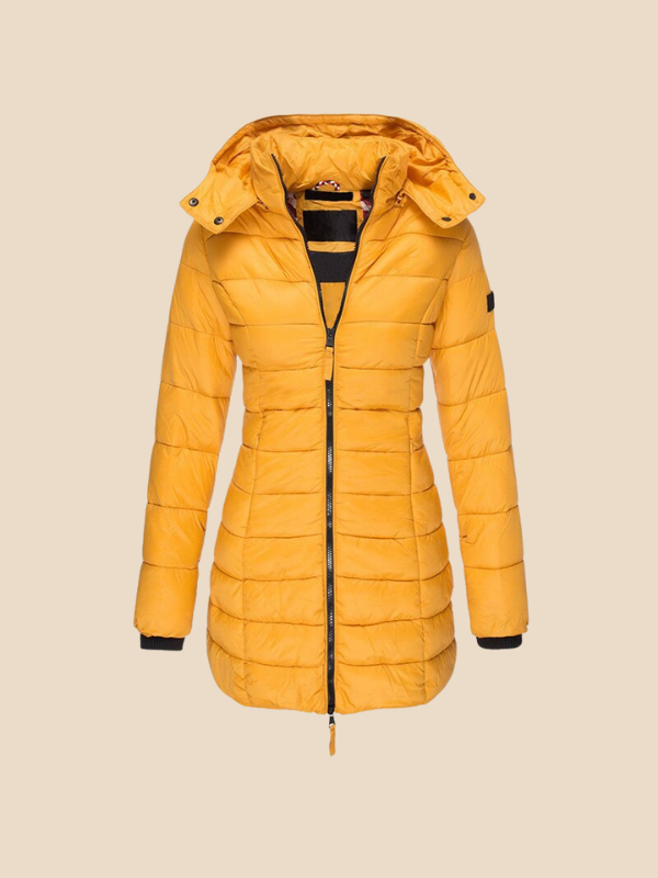 Mid-Length Hooded Puffer Jacket with Fitted Silhouette and Zip Closure