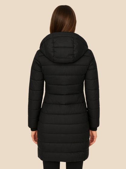 Mid-Length Hooded Puffer Jacket with Fitted Silhouette and Zip Closure