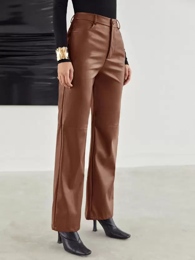 High-Waist Wide-Leg Leather Trousers with Button and Zip Closure