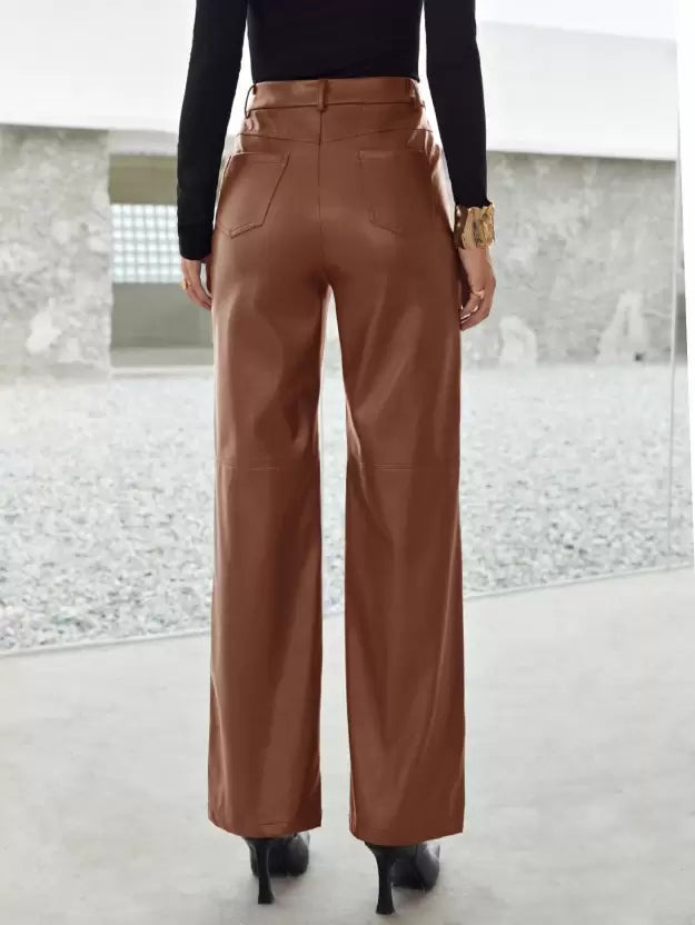 High-Waist Wide-Leg Leather Trousers with Button and Zip Closure