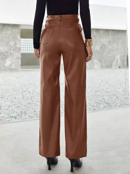 High-Waist Wide-Leg Leather Trousers with Button and Zip Closure