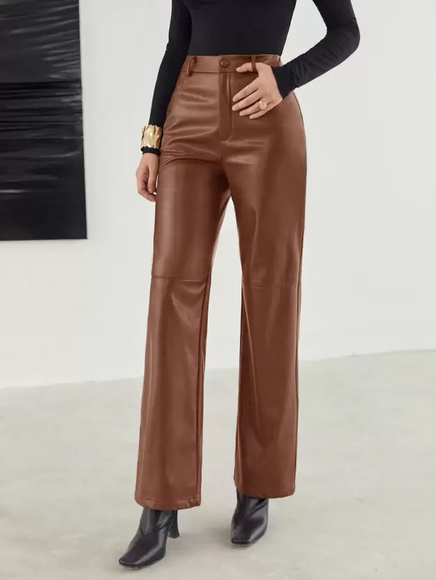 High-Waist Wide-Leg Leather Trousers with Button and Zip Closure