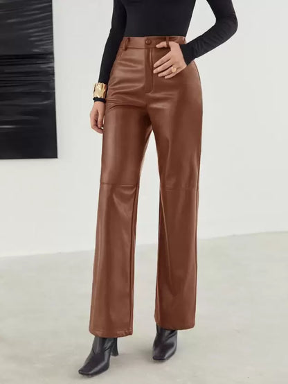 High-Waist Wide-Leg Leather Trousers with Button and Zip Closure