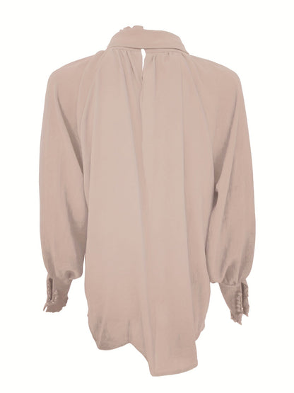 Tie-Neck Blouse with Ruffled Collar and Long Bishop Sleeves