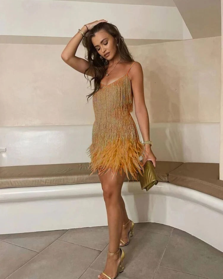 Mini Dress with Spaghetti Straps, Sequin Fringe, and Feather Hem