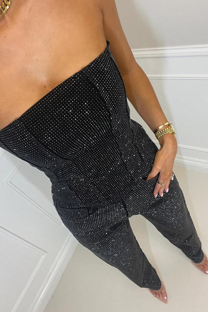 Rhinestone Embellished Denim Two-Piece Set with Strapless Corset Top