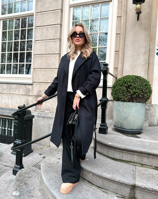 Double-Breasted Long Coat with Notched Lapels and Tie-Cuffs