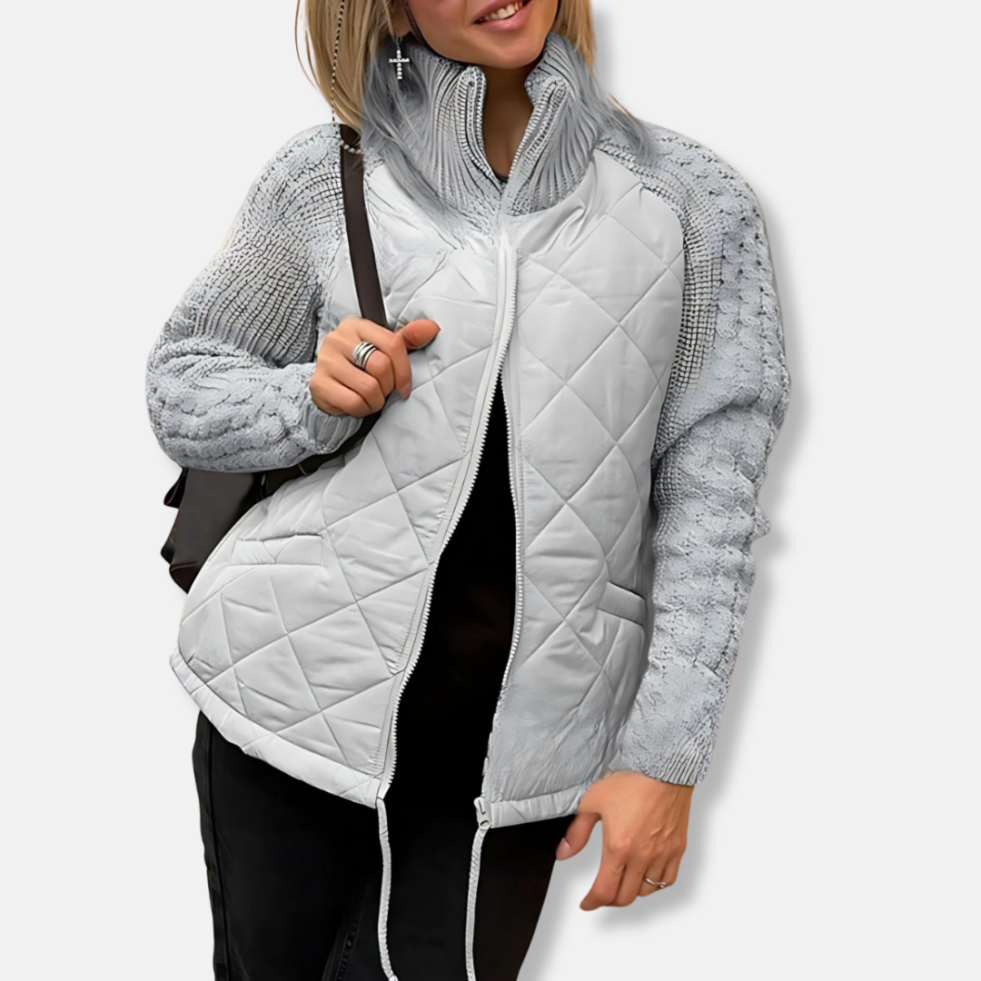 Quilted Jacket with Knit Sleeves and High Neck