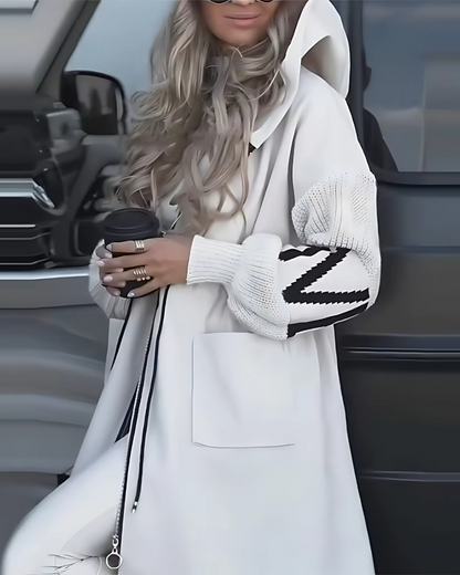 Hooded Maxi Coat with Knitted Sleeves and Drawstring Waist
