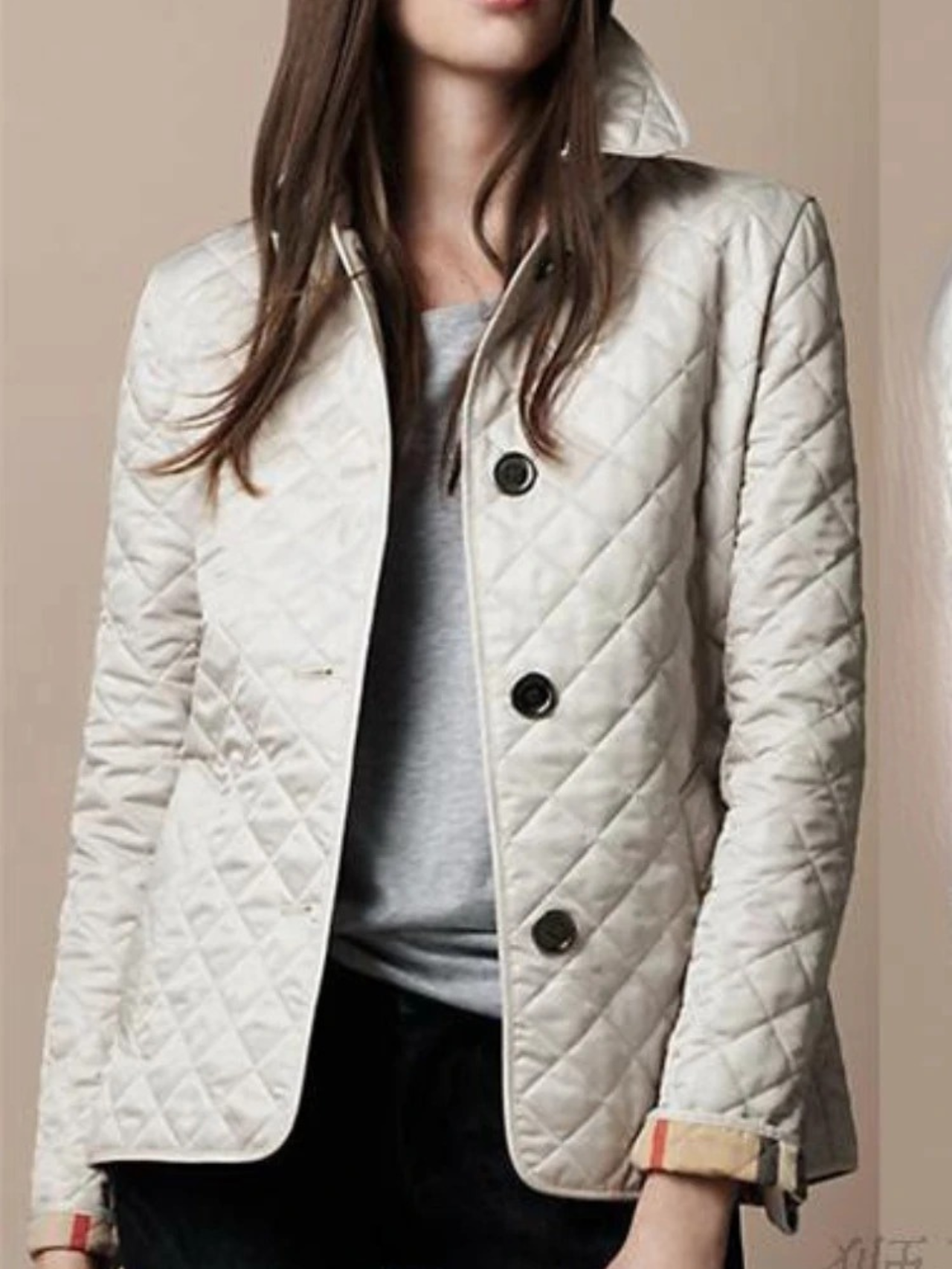 Diamond Quilted Jacket with Point Collar and Button Closure
