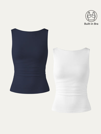 Boat Neck Ribbed Fitted Tank Top with Built-in Bra