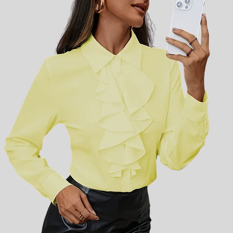 Ruffled Button-Down Long-Sleeve Blouse