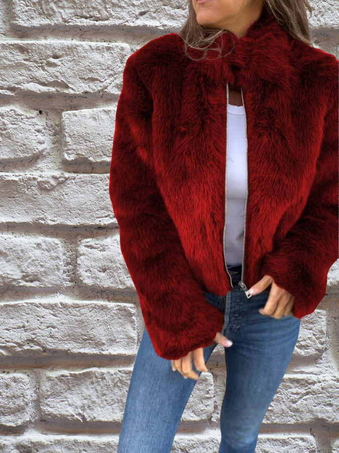 Faux Fur Jacket with High Collar and Zip Closure