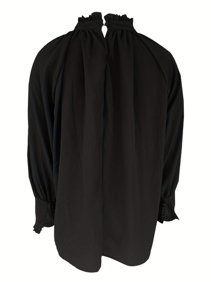 Tie-Neck Blouse with Ruffled Collar and Long Bishop Sleeves