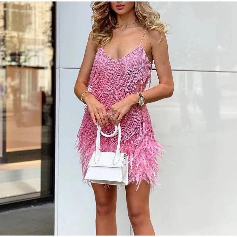 Mini Dress with Spaghetti Straps, Sequin Fringe, and Feather Hem