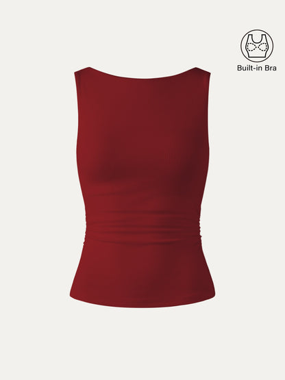 Boat Neck Ribbed Fitted Tank Top with Built-in Bra