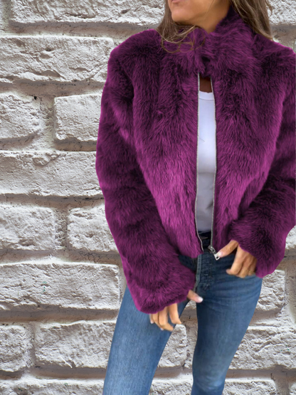 Faux Fur Jacket with High Collar and Zip Closure