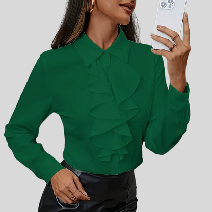Ruffled Button-Down Long-Sleeve Blouse