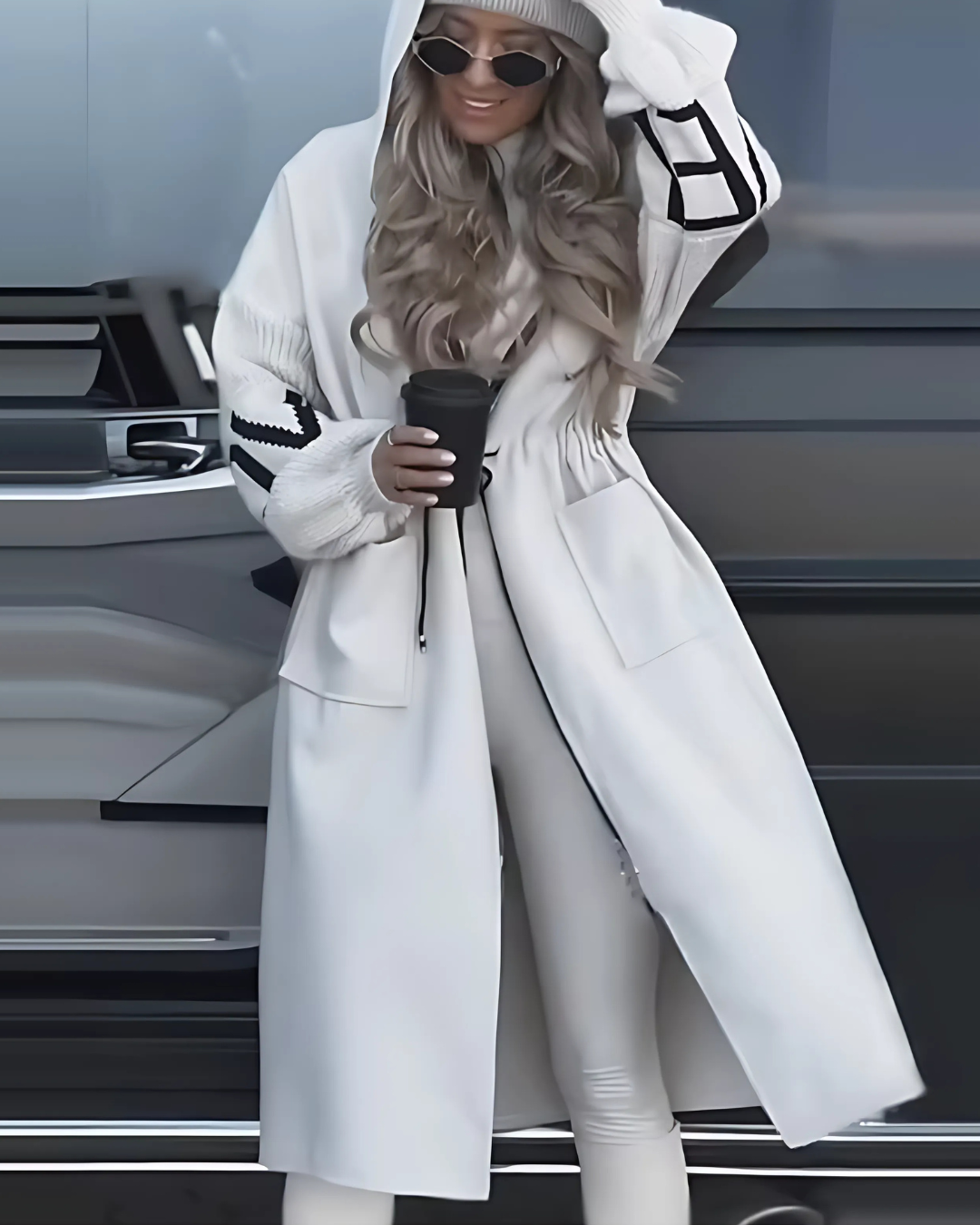 Hooded Maxi Coat with Knitted Sleeves and Drawstring Waist