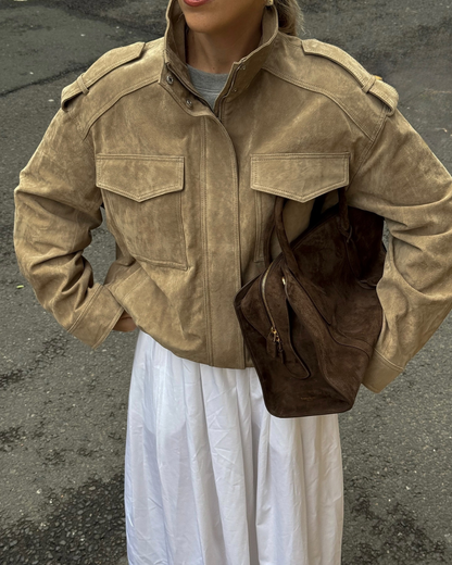 Jacket with Zip Closure, Snap Button Stand Collar, and Shoulder Tabs