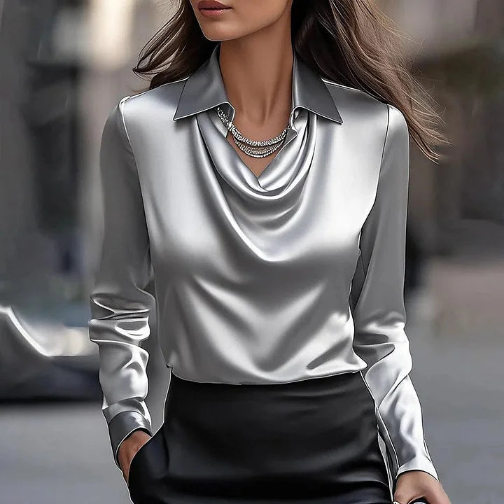 Long Sleeve Satin Blouse with Cowl Neckline and Fold-Down Collar