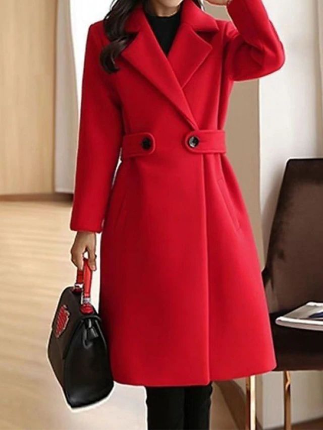 Notched Lapel Long Sleeve Midi Coat with Double Button Closure and Tie Waist