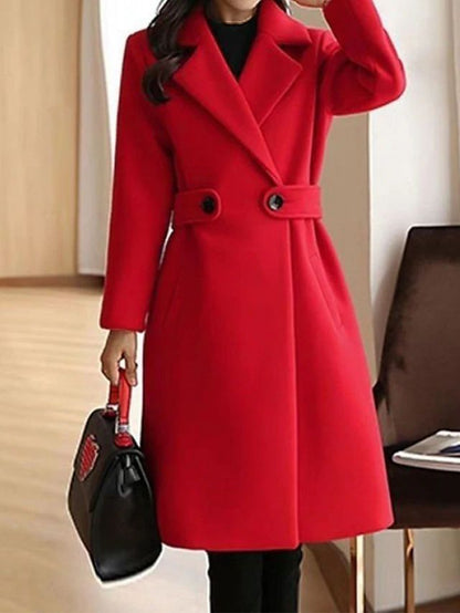 Notched Lapel Long Sleeve Midi Coat with Double Button Closure and Tie Waist