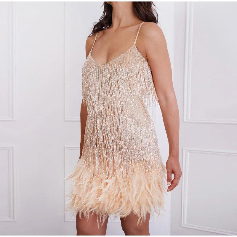 Mini Dress with Spaghetti Straps, Sequin Fringe, and Feather Hem