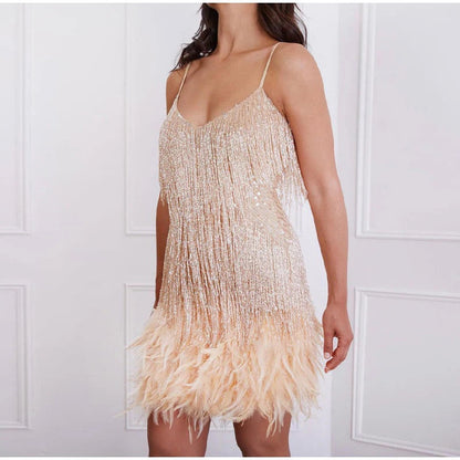 Mini Dress with Spaghetti Straps, Sequin Fringe, and Feather Hem