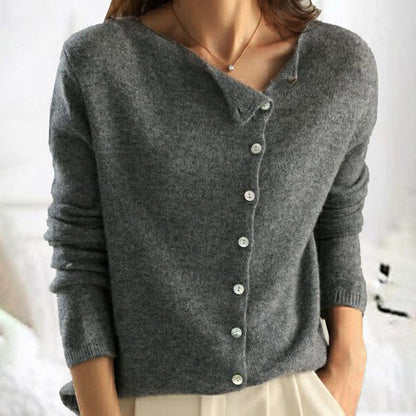 Asymmetric Button Cardigan with Boat Neck and Long Sleeves