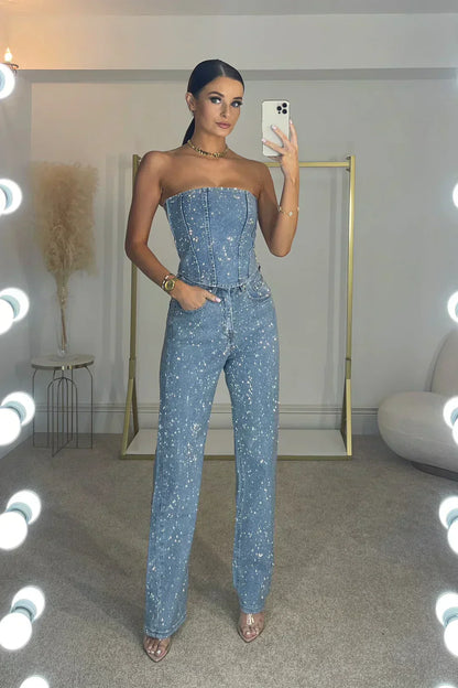 Rhinestone Embellished Denim Two-Piece Set with Strapless Corset Top