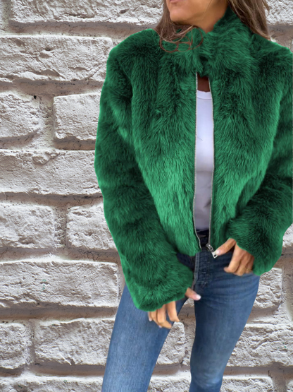 Faux Fur Jacket with High Collar and Zip Closure