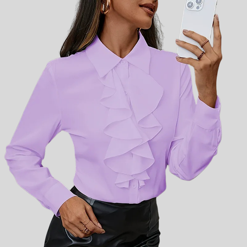 Ruffled Button-Down Long-Sleeve Blouse