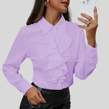 Ruffled Button-Down Long-Sleeve Blouse