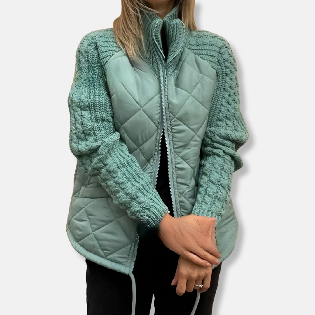 Quilted Jacket with Knit Sleeves and High Neck