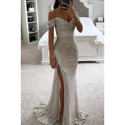 Off-Shoulder Sequin Maxi Dress with Ruched Bodice and High Slit