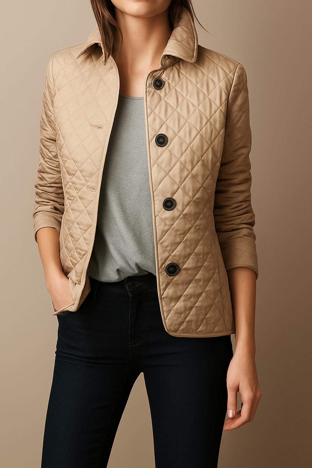 Diamond Quilted Jacket with Point Collar and Button Closure