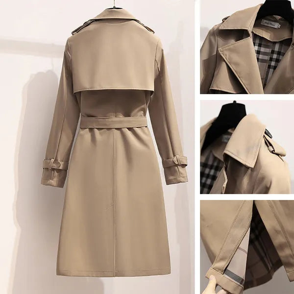Double-Breasted Trench Coat with Notched Lapels, Tie-Waist Belt, and Mid-Calf Length