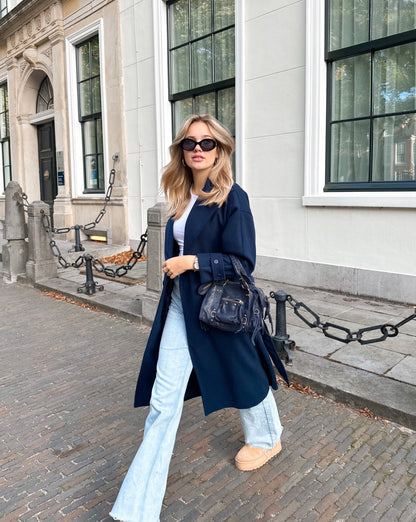 Double-Breasted Wool-Blend Coat with Notched Lapels and Belted Cuffs