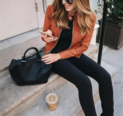 Round Neck Leather Jacket with Gold-Tone Zip Closure and Long Sleeves