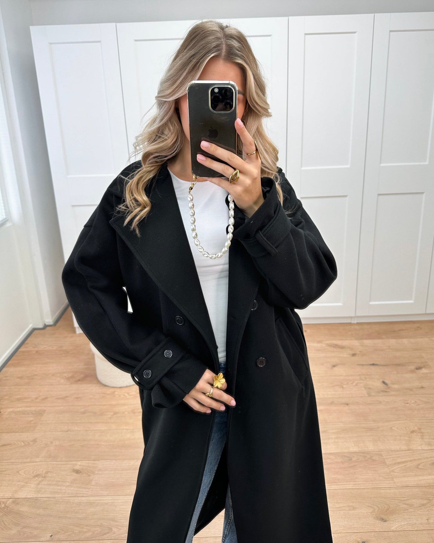 Double-Breasted Long Coat with Notched Lapels and Tie-Cuffs