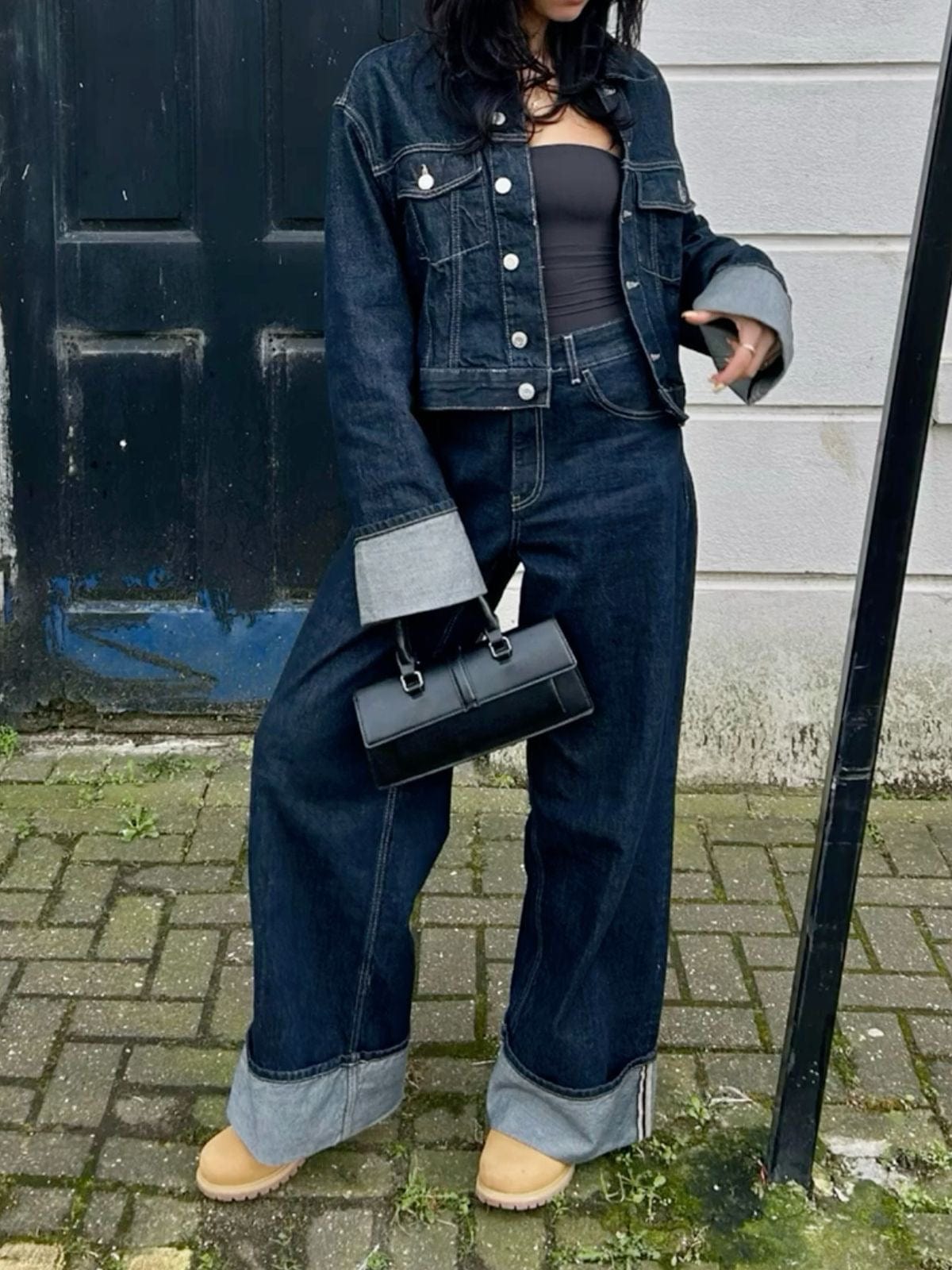 Cropped Denim Jacket and Wide-Leg Denim Trousers Set with Oversized Cuffs and Button Closure